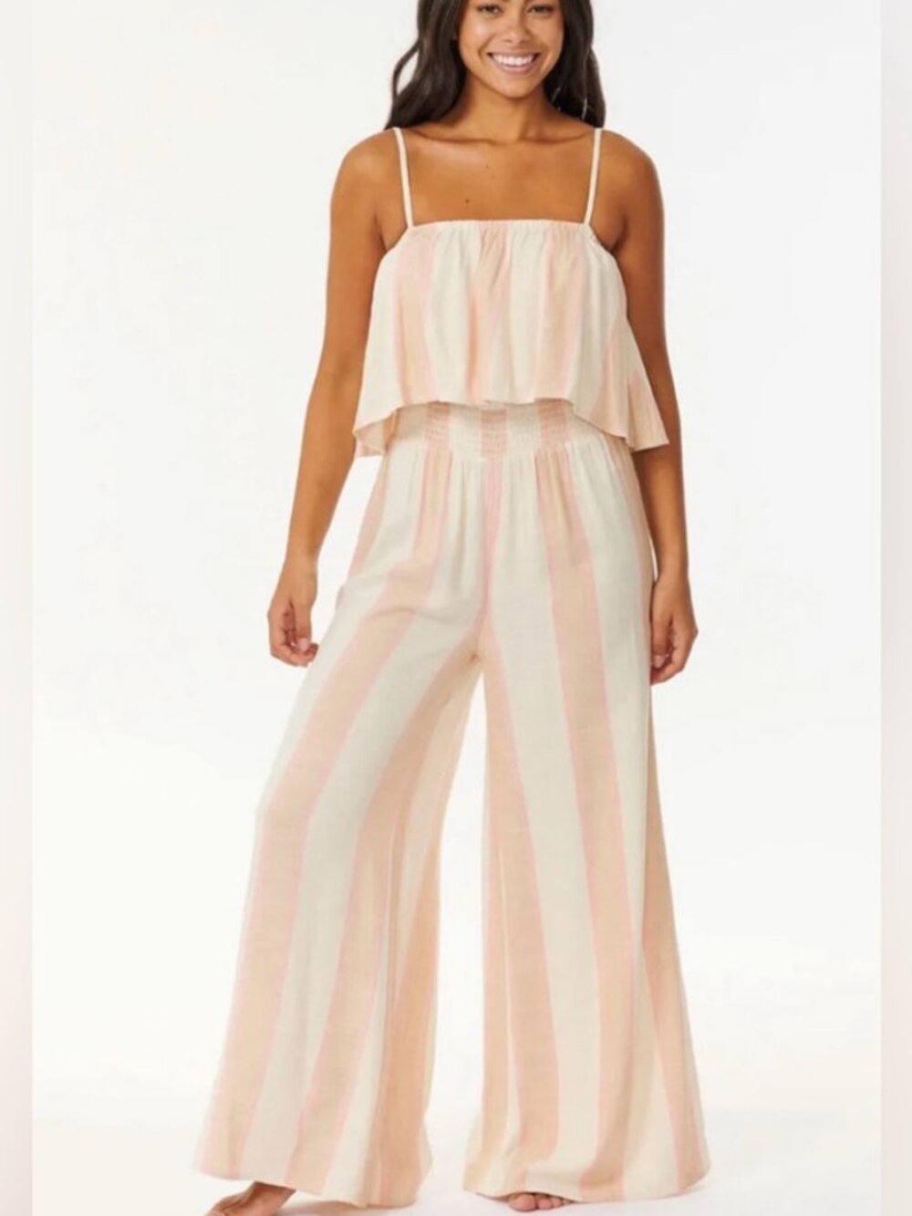 Rip Curl La Quinta Stripe Wide Leg Jumpsuit M Smocked Resort Beach
